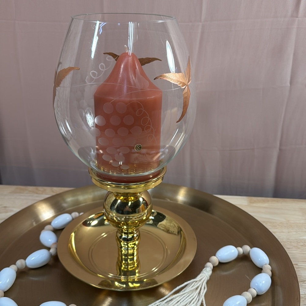 PartyLite Etched Grape leaf Design & Gold Accent Glass Hurricane Candle Holder